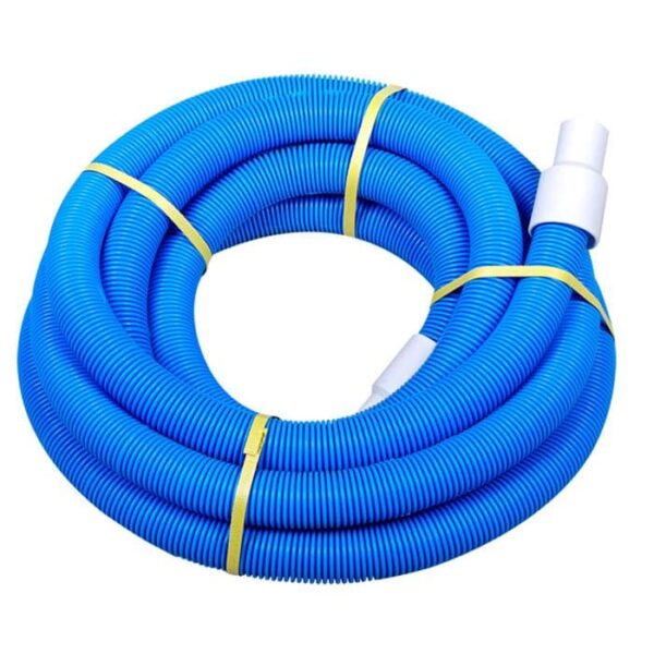 The Premium Boxed Vac Hose - 1-1/2 x 30 is a blue, coiled, flexible corrugated hose featuring white plastic connectors on each end, secured with yellow bands.