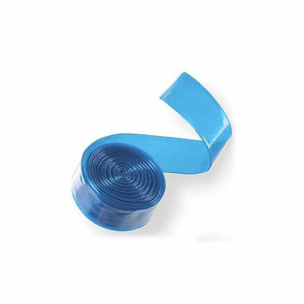 A partially unrolled Backwash Hose 1-1/2 x 25, made of blue, translucent plastic, displayed on a white background.