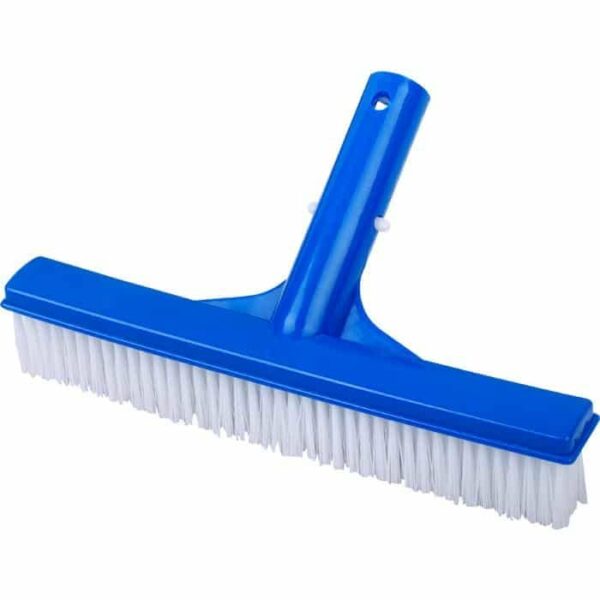 The Wall Brush 10 features a blue body, white bristles, and a plastic handle attachment for cleaning pool walls and floors.