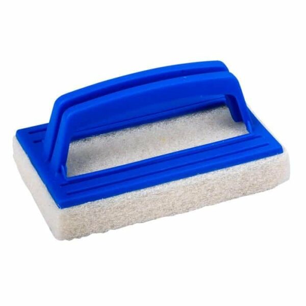 The Fixed Scrubber with Molded Handle is a rectangular cleaning pad featuring a white scrubber and a blue plastic handle on top.
