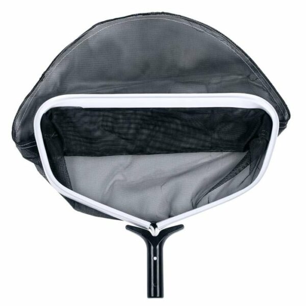 A close-up of the Commercial Leaf Rake, featuring a black mesh net with a white plastic frame and short black handle, designed for efficiently cleaning debris from pools.