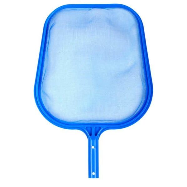 The Deluxe Leaf Skimmer is a blue plastic pool net with a rectangular mesh head and short handle, designed to remove debris from swimming pools.