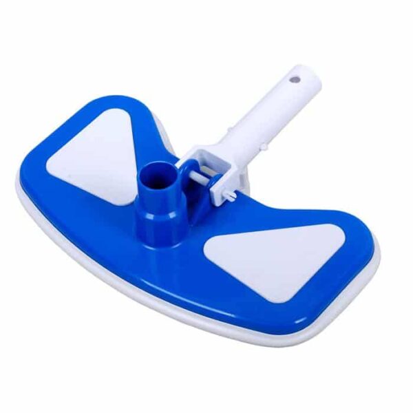 The Vac Head, Deluxe Contour is a blue and white plastic pool vacuum head with a curved rectangular design and a central connector for pole attachment.
