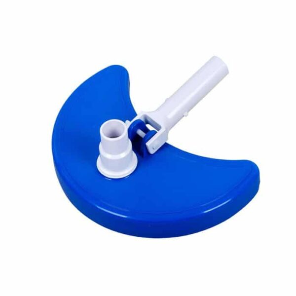 The Vac Head, Moon Shapped is a blue and white plastic pool vacuum head with a semi-circular design and connectors for attaching both a pole and hose.
