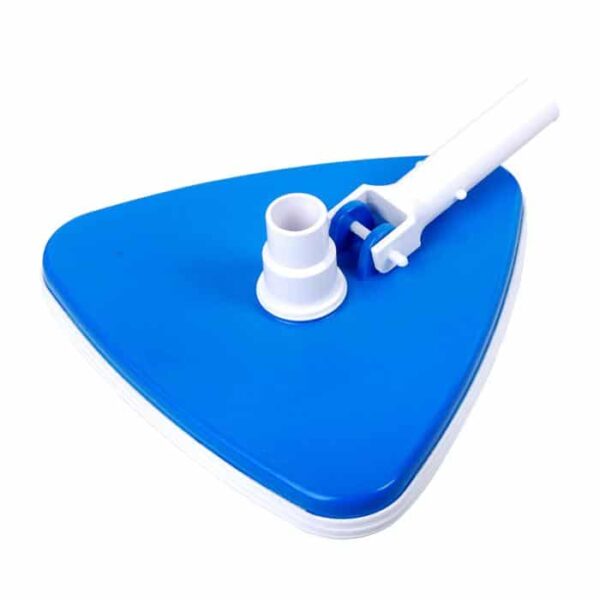 The Triangular Weighted Vac Head is a blue, triangular pool vacuum head with a white handle attachment and central hose connector, designed for cleaning swimming pools.