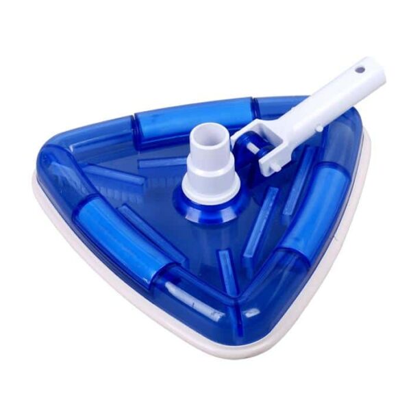 The Triangular See-Thru Vac Head is a blue and white pool vacuum head with a handle attachment, designed to clean swimming pool floors efficiently.