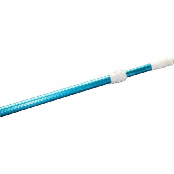 The Ridged Telescopic Vac Pole 4 - 8 features a blue shaft with white twist-lock and handle, ideal for pool cleaning or other extendable uses, displayed on a plain white background.
