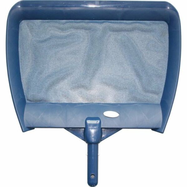 A Premium Series Leaf Skimmer with a blue, textured interior is shown from above, featuring a handle centered at the bottom.