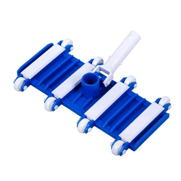 The Inground Vac Head with Wheels is a blue and white pool vacuum head featuring multiple wheels and a central handle for attaching to a telescopic pole, designed for cleaning swimming pool surfaces.