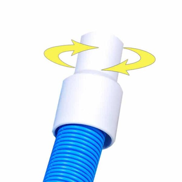 Close-up of the Premium Boxed Vac Hose - 1-1/2 x 42 in blue, featuring a white plastic connector. Two yellow arrows around the connector highlight its ability to rotate or twist for easy use.