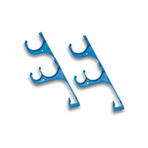 Two blue plastic Pole and Hose Hooks, each featuring three circular clips for securing pipes or rods, are shown at an angle on a white background.