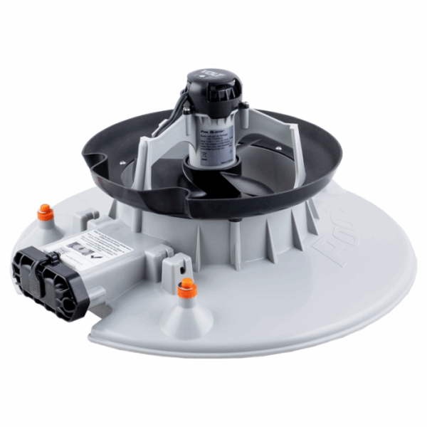 The VOLT RECHARGEABLE LEAF VAC is a round, gray industrial device with a black central motor, fan-like blades, a control box, orange indicator caps, and is mounted on a flat circular base.