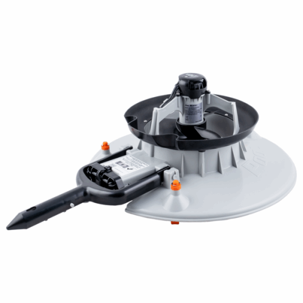 A gray, circular VOLT RECHARGEABLE LEAF VAC features an attached electronic control unit, a ground stake, a central black motor, and orange adjustment knobs.