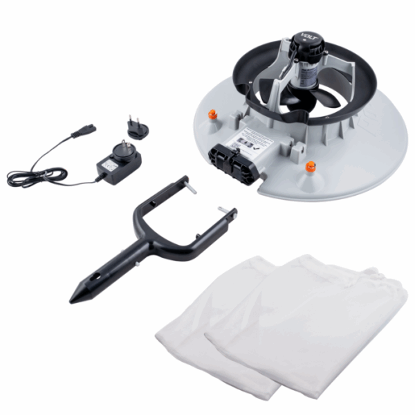The VOLT RECHARGEABLE LEAF VAC is shown on a white background with its round motor unit, power adapter and cable, mounting stake, and two white mesh filter bags.
