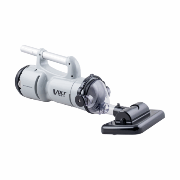 The VOLT FX-4 LI RECHARGEABLE VAC is a handheld, cordless pool vacuum cleaner in gray and black, with a transparent nozzle and detachable rectangular vacuum head.