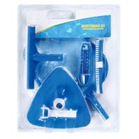 A plastic package containing the Maintenance Kit - 4 Piece for Above Ground Pools with vacuum head, thermometer, scrub brushes, and hose attachments.