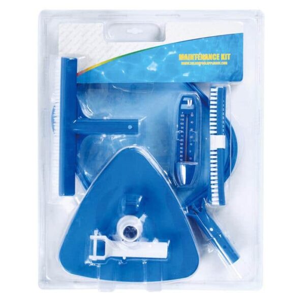 A plastic package containing the Maintenance Kit - 4 Piece for Above Ground Pools with vacuum head, thermometer, scrub brushes, and hose attachments.