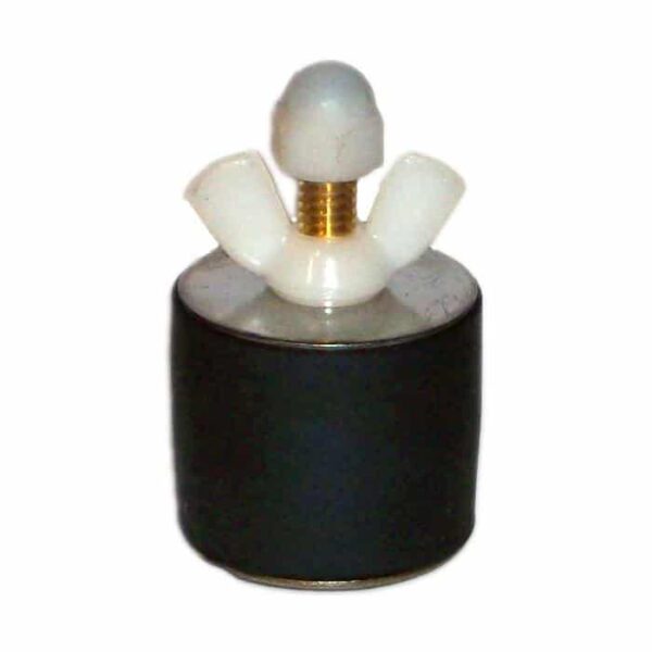 The Winter Plug with Blow Thru Valve is a black rubber drain stopper with a metal base and a white plastic wingnut handle, designed for sealing sinks or bathtubs.