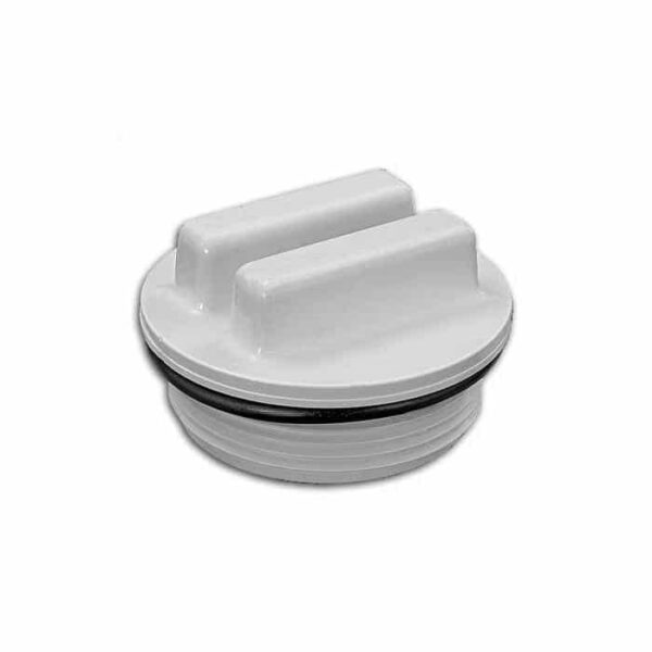 The Winter Plug - Threaded 1-1/2 is a white, round plastic drain plug with two raised grip handles and a black rubber gasket, designed to seal threaded openings securely.