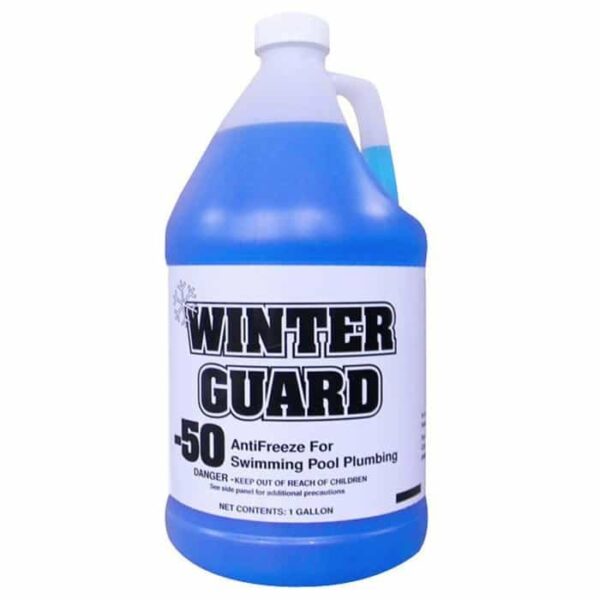 A one-gallon jug labeled Pool Antifreeze - Gallon, filled with blue liquid, designed to prevent freezing in swimming pool plumbing and pipes.