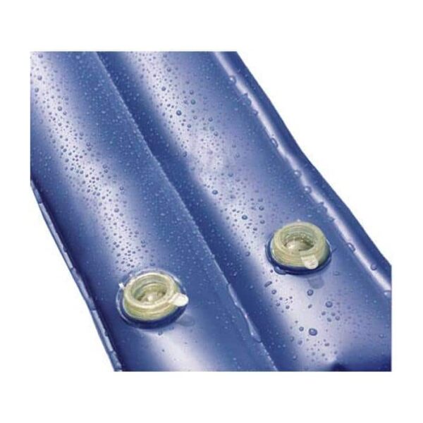 Close-up of the Water Tube - 8 Dual Cell, Blue - Premium inflatable pool mattress with water droplets on its surface and two visible air valves.