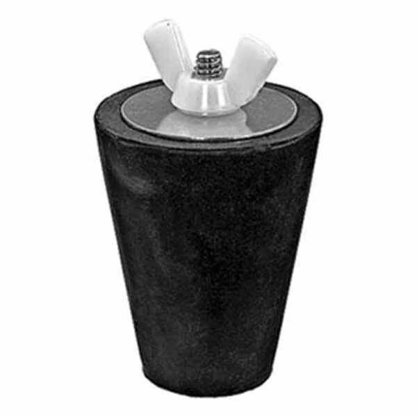 The Winter Plug - Universal #5 - #7 is a black rubber stopper with a metal top plate, bolt, and white wing nut for easy tightening or loosening.