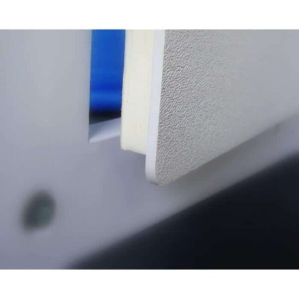 Close-up of the edge of a white Skimmer Face Plug - Rapid Flow Skimmer panel partially inserted into a slot, with a blue background visible through the gap.