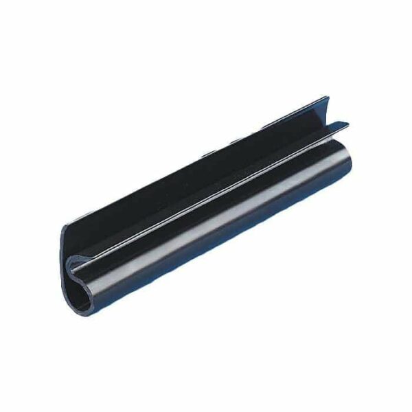 Winter Cover Clip - Standard: A black plastic edging strip with a U-shaped profile, designed for protecting or finishing the edges of metal or glass panels.
