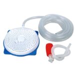 The Cover Pump, Syphon set includes a round white vacuum head with small holes, a long clear hose, a flexible white tube with nozzle, and a red handle—displayed against a plain white background.