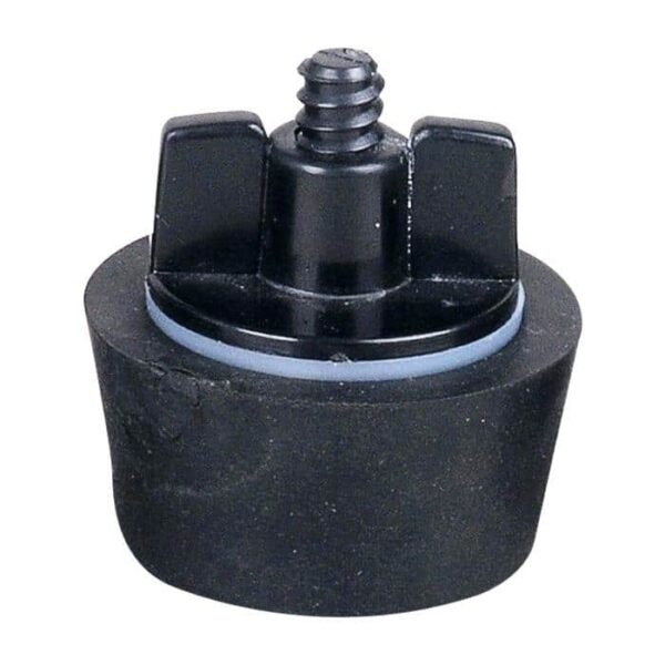 The Winter Plug 1.5 is a black rubber stopper featuring two wing-like handles and a central threaded plastic screw, designed for secure sealing in place.