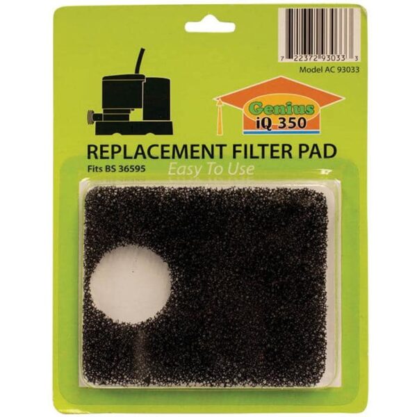 A packaged Cover Pump Repl Filter Pad featuring a round cut-out, labeled for model BS 36595, is displayed with a green background and visible product branding.
