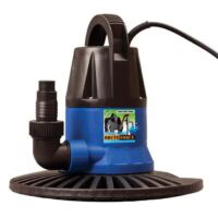 A PUMP-CVR 1250 GPH Brute Force submersible water pump with a blue and black design sits on a round, vented base, featuring a hose connector and attached power cord.