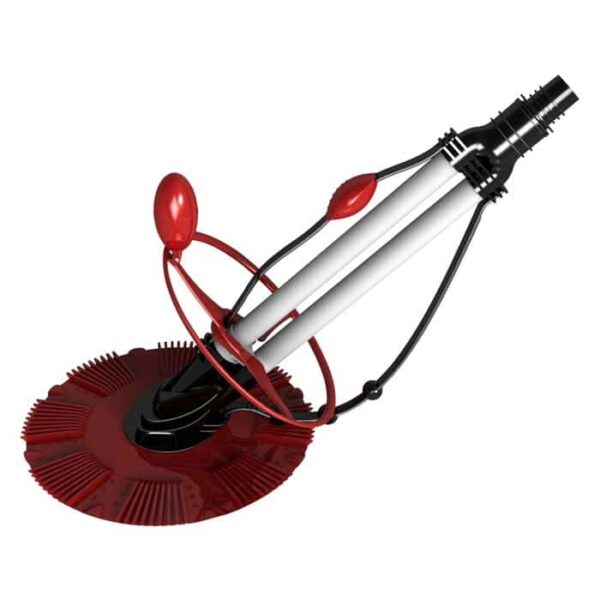 The Tetra 1 - Above Ground Auto Vac is a red, black, and silver automatic pool cleaner featuring a circular pleated base, flexible hoses, and plastic attachments for efficient above ground swimming pool cleaning.