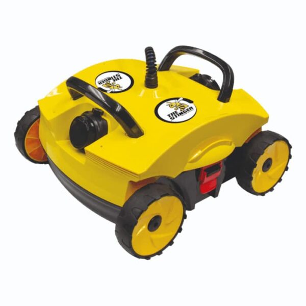 A compact yellow STINGER ROBOTIC CLEANER with four black wheels, a top handle, and its logo on the surface, designed for automatic pool maintenance.