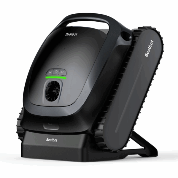 The BEATBOT A100 ROBOTIC CLEANER is a sleek black device with tank-like treads, a top handle, control buttons, and a front vent. The Beatbot brand name is displayed on the cleaner and its side panels.