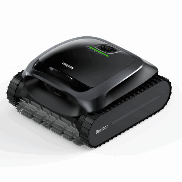 The BEATBOT A100 ROBOTIC CLEANER is a black pool robot with tank-like treads, a sleek modern design, control panel on top, and front brushes.