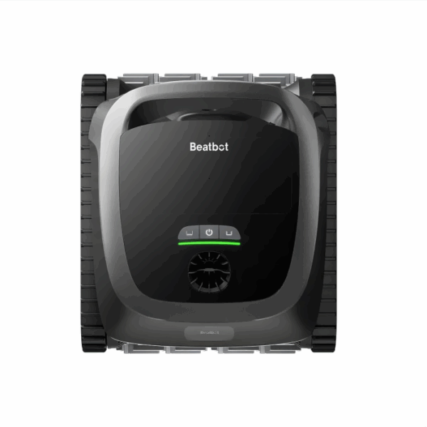 Top view of the BEATBOT A100 ROBOTIC CLEANER in black, featuring tank-style treads, top control buttons, and a central fan vent, set against a white background.