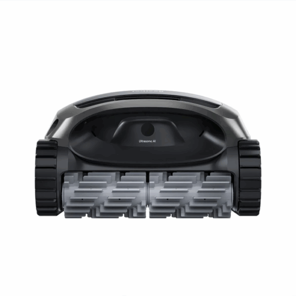 Close-up front view of the BEATBOT A100 ROBOTIC CLEANER, featuring black side treads, gray textured rollers, and a central circular sensor labeled Ultrasonic AI, set against a white background.