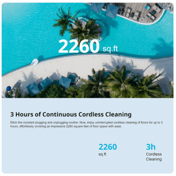 Aerial view of a resort pool with palm trees and loungers. Text features BEATBOT A100 ROBOTIC CLEANER: 2260 sq.ft coverage and 3 hours of continuous cordless cleaning, plus advanced features listed below.