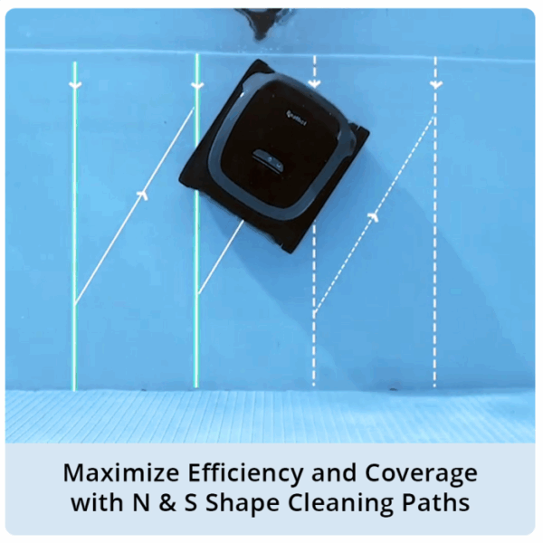 The BEATBOT A100 ROBOTIC CLEANER glides over a blue surface, following N and S shaped cleaning paths. Text below: Maximize Efficiency and Coverage with N & S Shape Cleaning Paths.