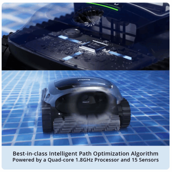 Two images of the BEATBOT A100 ROBOTIC CLEANER: the top displays its quad-core processor, while the bottom shows it cleaning underwater. Caption notes advanced path optimization and 15 integrated sensors.
