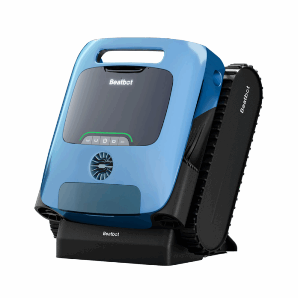 The BEATBOT A100 PLUS ROBO CLEANER is a blue robotic pool cleaner with a sleek design, control buttons on the front, and black tank-like tracks, shown resting on its charging base.