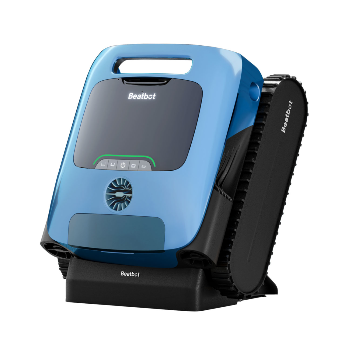 The BEATBOT A100 PLUS ROBO CLEANER is a blue robotic pool cleaner with a sleek design, control buttons on the front, and black tank-like tracks, shown resting on its charging base.