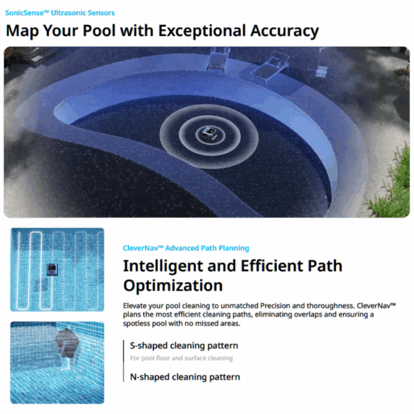 The BEATBOT A100 PLUS ROBO CLEANER navigates your backyard pool in circular patterns, using smart sensors and advanced path planning tech for precise, efficient cleaning.