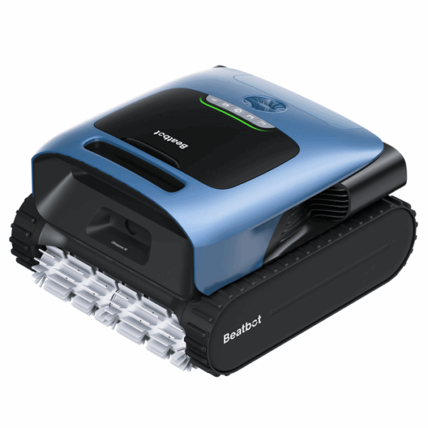 The BEATBOT A100 PLUS ROBO CLEANER is a blue and black robotic pool cleaner with tank-like tracks and white rotating brushes, displayed on a white background.