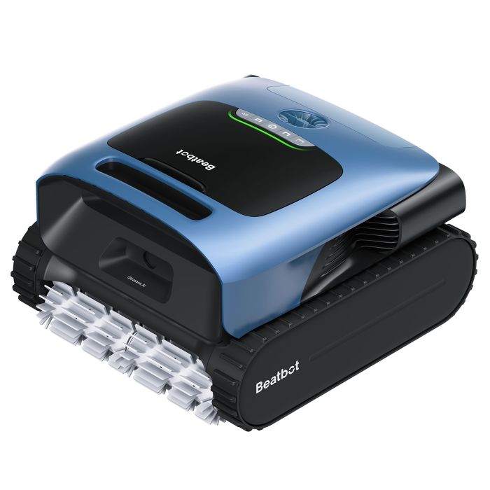 The BEATBOT A100 PLUS ROBO CLEANER is a blue and black robotic pool cleaner with tank-like tracks and white rotating brushes, displayed on a white background.