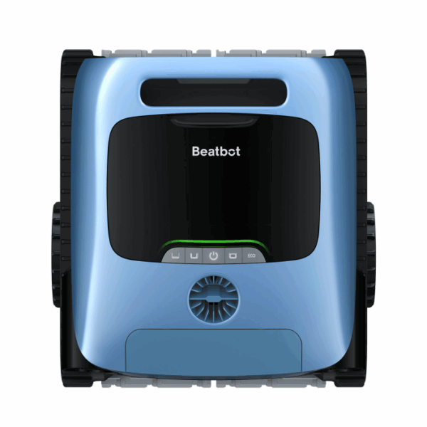 A top-down view of the BEATBOT A100 PLUS ROBO CLEANER, a blue robotic pool cleaner with black treads and a control panel that includes buttons and indicator lights.