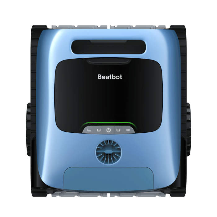 A top-down view of the BEATBOT A100 PLUS ROBO CLEANER, a blue robotic pool cleaner with black treads and a control panel that includes buttons and indicator lights.