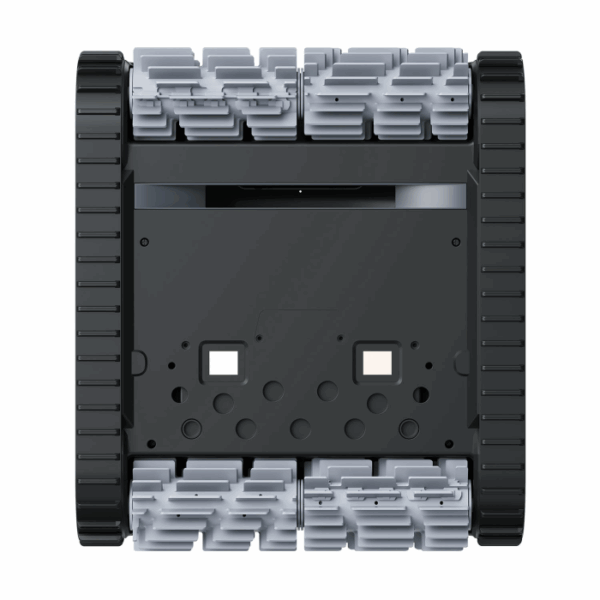 Bottom view of the BEATBOT A100 PLUS ROBO CLEANER, a compact black and grey robot with four mecanum wheels and two rubber tracks, displaying angled rollers and a flat, rectangular chassis.