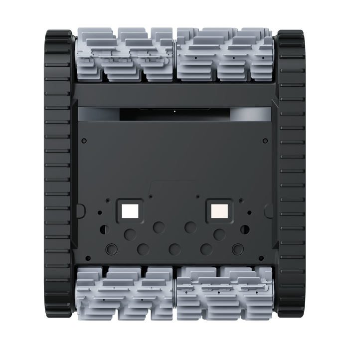 Bottom view of the BEATBOT A100 PLUS ROBO CLEANER, a compact black and grey robot with four mecanum wheels and two rubber tracks, displaying angled rollers and a flat, rectangular chassis.